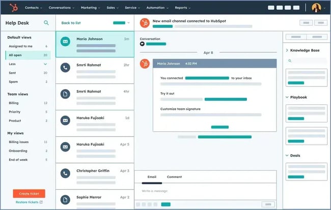 hubspot help desk dashboard showing open tickets, email and call conversations, and integrated knowledge base and playbook features, customer lifecycle management